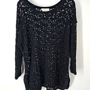 Top Elements Black Loose Knit Crochet Tunic Top 100% Cotton